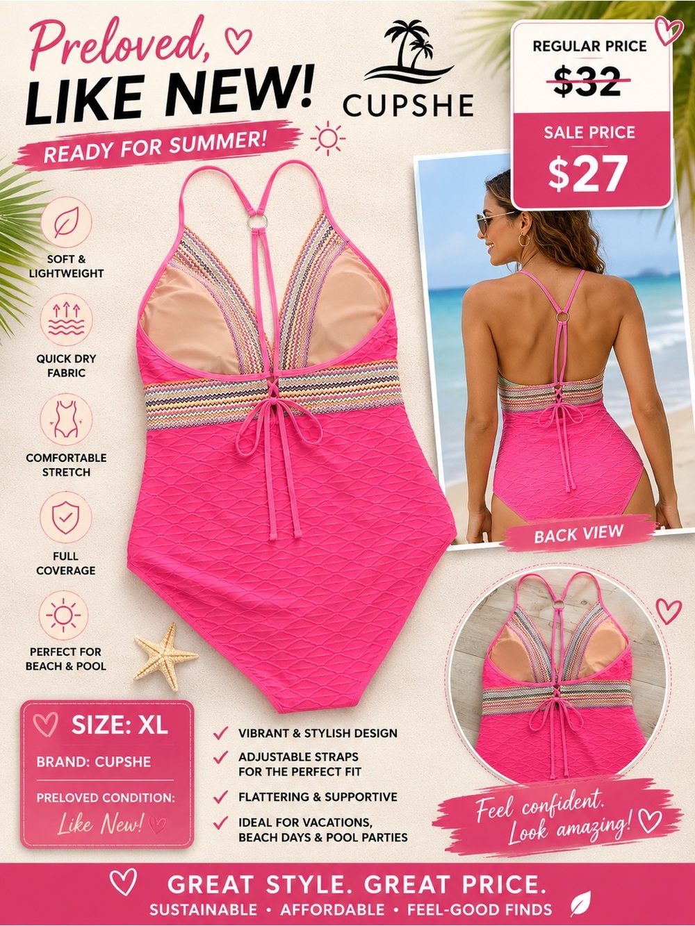 🩷 8006. Cupshe Girls' Pink One-Piece Swimsuit